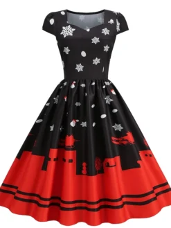 Women's Christmas Swing Dress Vintage DressKnee Length Dress Blue Wine Red Light BlueShort Sleeve Santa Claus Snowman Tree Print Fall Winter Square Neck Vintage Elegant Slim 2022 S M L XL -HANs Plus Size Style Shop vktbng1667889855538