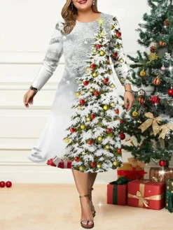 Women's Christmas Plus Size Curve Casual Dress Skater Dress A Line Dress Snowman Christmas Tree Midi Dress Long Sleeve Print Crew Neck Fashion Outdoor Black Wine Fall Winter L XL XXL 3XL 4XL -HANs Plus Size Style Shop vkxxxb1695191645155