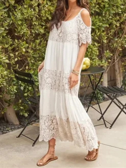 Women's Long Dress Maxi Dress Casual Dress Lace Dress White Dress Plain Fashion Modern Daily Holiday Vacation Lace Cold Shoulder Short Sleeve Square Neck Dress Regular Fit White Beige Summer Spring S