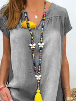 Women's Denim Dress Casual Dress Midi Dress Denim Fashion Casual Outdoor Vacation V Neck Asymmetric Short Sleeve Summer Spring Fall 2023 Loose Fit Black Navy Blue Sky Blue Plain S M L XL 2XL -HANs Plus Size Style Shop vleozd1677136743730