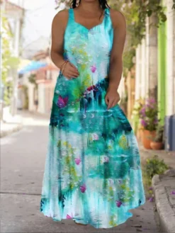 Women‘s Plus Size Curve Casual Dress Slip Dress Floral Butterfly Long Dress Maxi Dress Sleeveless Loose Print Strap Fashion Daily Black Light Green Spring Summer Dress -HANs Plus Size Style Shop vlkzdi1675231134441