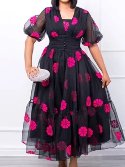 Women‘s Plus Size Curve Holiday Dress Floral V Neck Mesh Puff Sleeve Short Sleeve Fall Spring Prom Dress Maxi Long Dress Holiday Date Dress Print -HANs Plus Size Style Shop vmjxfb1659509646103