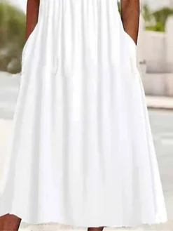 Women's Casual Dress White Dress Summer Dress Midi Dress Lace Up Pocket Outdoor Daily Vacation Fashion Modern V Neck Short Sleeve 2023 Loose Fit White Color S M L XL XXL Size -HANs Plus Size Style Shop vmpwkq1686310801364