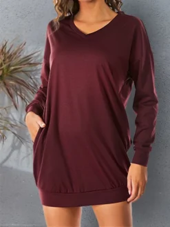 Women's Casual Dress Sweatshirt Dress Shift Dress Mini Dress Pocket Outdoor Street Daily Active Fashion V Neck Long Sleeve 2023 Loose Fit Black Wine Dark Grey Color S M L XL XXL Size