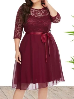 Women's Plus Size Curve Party Dress Lace Dress Sheath Dress Solid Color Midi Dress 3/4 Length Sleeve Lace Up Lace Crew Neck Fashion Wedding White Wine Spring Fall XL XXL 3XL 4XL 5XL -HANs Plus Size Style Shop vnmvnx1693533325316