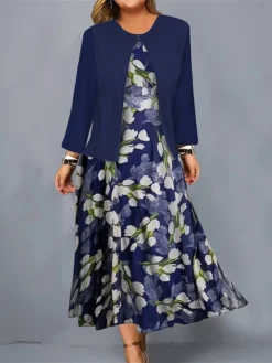 Women's Plus Size Curve Casual Dress Dress Set Two Piece Dress Floral Midi Dress Long Sleeve Print Crew Neck Mature Outdoor Black Navy Blue Fall Winter L XL XXL 3XL 4XL -HANs Plus Size Style Shop vnotkx1695364293947