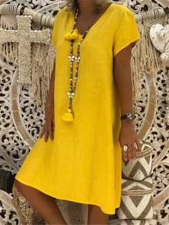 Women's Shift Dress Midi Dress Yellow Army Green Khaki Short Sleeve Pure Color Spring Summer V Neck Basic Daily Weekend Loose Fit 2023 M L XL XXL 3XL 4XL 5XL -HANs Plus Size Style Shop vnuduo1631160173444