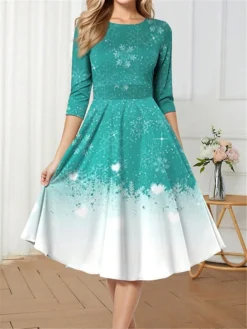 Women's Retro 1950s Vintage Dress Midi Dress Christmas Daily Print Snowflake Crew Neck 3/4 Length Sleeve Slim Spring Fall 2023 Wine Blue S M L XL -HANs Plus Size Style Shop vnxydy1697681446403