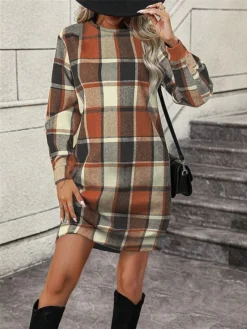 Women's Casual Dress Sweatshirt Dress Mini Dress Warm Fashion Outdoor Vacation Going Out Crew Neck Print Geometric Loose Fit Blue Brown Gray S M L XL XXL -HANs Plus Size Style Shop vockjg1695641865910