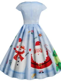 Women's Christmas Knee Length Dress Blue Dusty Blue Royal Blue Black Red Navy Blue Dark Blue Light Blue Short Sleeve Print Print Fall Winter V Neck Casual Vintage2021 S M L XL XXL 3XL -HANs Plus Size Style Shop voknmr1629970322902