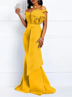 Women‘s Plus Size Curve Party Dress Sheath Dress Black Dress Solid Color Long Dress Maxi Dress Sleeveless Lace Ruffle Off Shoulder Fashion Party Yellow Red Summer Spring L XL XXL 3XL -HANs Plus Size Style Shop vonfsi1680602312701