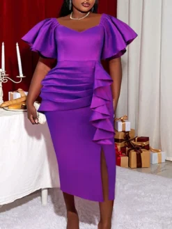 Women‘s Plus Size Curve Party Dress Solid Color Square Neck Short Sleeve Spring Fall Elegant Formal Midi Dress Party Evening Party Dress