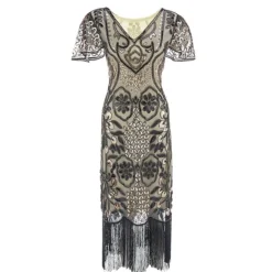 Women's Retro 1920s Fringe Dress Midi Dress Party Halloween Sequins Tassel Fringe Floral V Neck Short Sleeve Regular Fit Spring Fall 2023 Silver Red S M L XL -HANs Plus Size Style Shop voplzk1692856708138