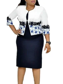 Women‘s Plus Size Curve Work Dress Floral Crew Neck Print 3/4 Length Sleeve Spring Fall Elegant Casual Midi Dress Formal Work Dress -HANs Plus Size Style Shop vpdebp1630916635104