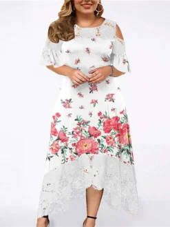 Women‘s Plus Size Curve Holiday Dress Floral Crew Neck Lace Half Sleeve Fall Spring Maxi Long Dress Date Vacation Dress Print -HANs Plus Size Style Shop vpjayn1654584189465