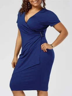 Women‘s Plus Size Curve Work Dress Solid Color V Neck Ruched Short Sleeve Summer Spring Work Knee Length Dress Work Vacation Dress -HANs Plus Size Style Shop vpkqlu1659091099474
