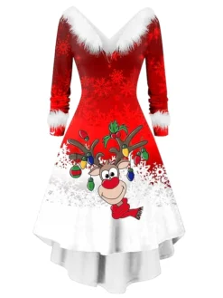 Women's Christmas Swing Dress Vintage Dress Midi Dress Green Silver Wine Red Brown White Long Sleeve Print Plus High Low Print Winter Fall V Neck Vintage Romantic Traditional 2022 S M L XL 2XL -HANs Plus Size Style Shop vpnztt1666768626795