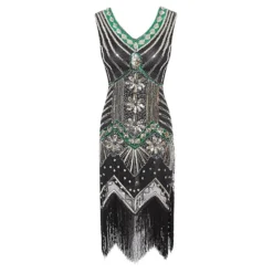 Women's Retro 1920s Fringe Dress Midi Dress Party Halloween Sequins Tassel Fringe Floral V Neck Sleeveless Regular Fit Spring Fall 2023 Black White S M L XL -HANs Plus Size Style Shop vppiom1692610418327