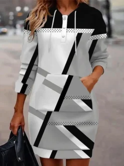 Women's Casual Dress Hoodie Dress Mini Dress Active Daily Outdoor Home Holiday Crew Neck Print Geometric Regular Fit Black S M L XL XXL