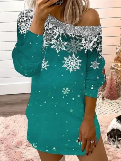Women's Casual Dress Christmas Dress Sweatshirt Dress Snowflake Cold Shoulder Print One Shoulder Mini Dress Fashion Streetwear Outdoor Christmas Long Sleeve Loose Fit Wine Blue Brown Fall Winter S M -HANs Plus Size Style Shop vqefrq1694423432412