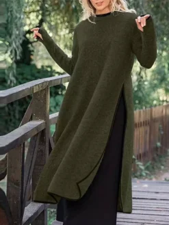 Women's Casual Dress Sweater Dress Sweatshirt Dress Midi Dress Black Army Green Gray Long Sleeve Pure Color Split Fall Winter Autumn Crew Neck Casual Winter Dress Vacation Fall Dress 2023 S M L XL -HANs Plus Size Style Shop vqgzhn1665476054421