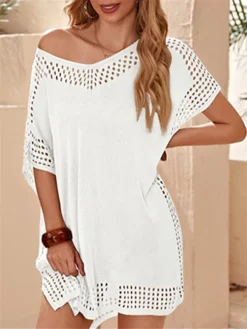 Women's Cover Up Beach Dress Beach Wear Mini Dress Hollow Out Slim Fashion Modern Solid Color V Neck Half Sleeve Loose Fit Daily Vacation Black White 2023 Summer Spring S L