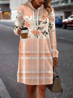 Women's Casual Dress Hoodie Dress Mini Dress Warm Fashion Outdoor Holiday Vacation V Neck Print Graphic Floral Geometric Loose Fit Black Yellow Pink S M L XL XXL -HANs Plus Size Style Shop vqrwzx1693535877235