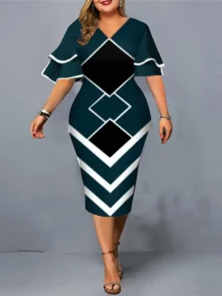 Women‘s Plus Size Curve Work Dress Geometric V Neck Short Sleeve Spring Fall Fashion Elegant Modern Midi Dress Formal Office Dress -HANs Plus Size Style Shop vruldk1671091291360