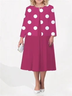 Women's Plus Size Curve Two Piece Dress Set Casual Dress Print Dress Outdoor Office Fashion Streetwear Print Midi Dress Crew Neck Long Sleeve Polka Dot White Yellow Fuchsia Fall Winter L XL XXL -HANs Plus Size Style Shop vryukr1692945882729