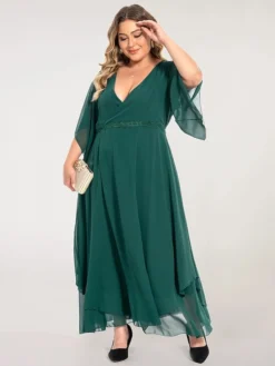 Women‘s Plus Size Curve Casual Dress Swing Dress Plain Long Dress Maxi Dress 3/4 Length Sleeve Layered V Neck Basic Outdoor Dark Green Summer Spring L XL XXL 3XL 4XL