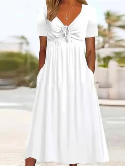 Women's Casual Dress White Dress Summer Dress Midi Dress Lace Up Pocket Outdoor Daily Vacation Fashion Modern V Neck Short Sleeve 2023 Loose Fit White Color S M L XL XXL Size