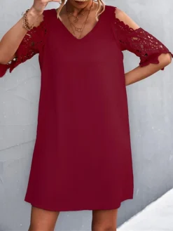 Women's Casual Dress Lace Dress Shift Dress Mini Dress Lace Cold Shoulder Outdoor Street Daily Fashion Streetwear V Neck Half Sleeve 2023 Regular Fit Black Wine Apricot Color S M L XL XXL Size -HANs Plus Size Style Shop vtexte1691495907536