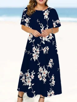 Women‘s Plus Size Curve Casual Dress Floral Long Dress Maxi Dress Short Sleeve Print Crew Neck Fashion Outdoor White Blue Summer Spring L XL XXL 3XL 4XL -HANs Plus Size Style Shop vtggvu1677577578991