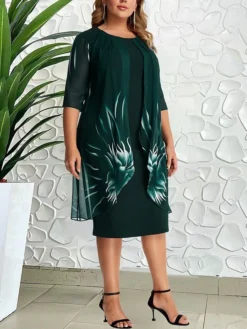 Women‘s Plus Size Curve Work Dress Shift Dress Graphic Midi Dress Half Sleeve Print Crew Neck Elegant Daily Wine Blue Spring Fall L XL XXL 3XL 4XL -HANs Plus Size Style Shop vtvgef1672905038470