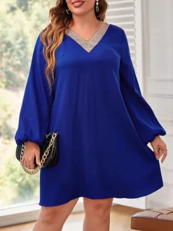 Women's Plus Size Curve Party Dress Cocktail Dress Wedding Guest Dress Midi Dress Blue Long Sleeve Color Block Patchwork Spring Fall Winter V Neck Fashion Birthday Wedding Guest Vacation XL XXL 3XL
