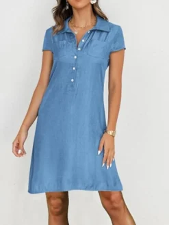 Women's Casual Dress Denim Shirt Dress Midi Dress Denim Classic Modern Outdoor Daily Vacation Shirt Collar Button Pocket Short Sleeve Spring Fall 2023 Loose Fit Black Navy Blue Blue Plain S M L XL 2XL