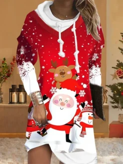Women's Christmas Hoodie Dress Shift Dress Mini Dress Wine Long Sleeve Santa Claus Elk Snowman Print Winter Fall Hooded Vacation Casual 2022 S M L XL XXL 3XL
