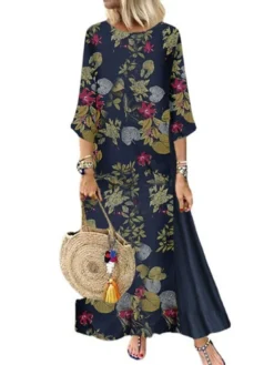 Women's Plus Size Holiday Dress Floral Crew Neck Print 3/4 Length Sleeve Fall Spring Casual Maxi Long Dress Causal Daily Dress / Linen -HANs Plus Size Style Shop vufrgk1631504231470