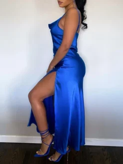 Women's Plus Size Curve Party Dress Cocktail Dress Wedding Guest Dress Midi Dress Blue Sleeveless Pure Color Split Spring Fall Winter Spaghetti Strap Fashion Wedding Guest Vacation Fall Dress XL XXL -HANs Plus Size Style Shop vujsbf1692178377714