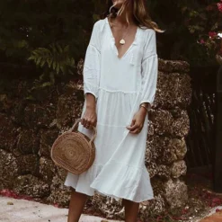 Women's Casual Dress Midi Dress White Red Dark Blue 3/4 Length Sleeve Pure Color Ruched Summer Spring V Neck Casual Loose Fit 2023 S M L XL XXL