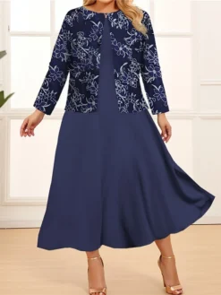 Women‘s Plus Size Curve Two Piece Dress Set Casual Dress Swing Dress Outdoor Office Fashion Streetwear Print Midi Dress Crew Neck Long Sleeve Floral Regular Fit Navy Blue Royal Blue Purple Spring Fall -HANs Plus Size Style Shop vvbmlk1691646812096