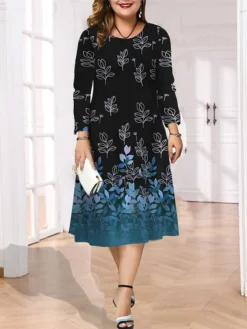 Women's Plus Size Curve Casual Dress Skater Dress A Line Dress Leaf Gradient Midi Dress Long Sleeve Print Crew Neck Fashion Outdoor Deep Purple Deep Green Fall Winter L XL XXL 3XL 4XL -HANs Plus Size Style Shop vvhxjr1695713741327