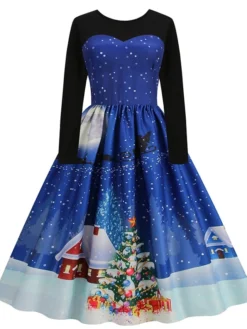 Women's Christmas Swing Dress Vintage DressKnee Length Dress Blue Royal Blue Light Blue Black Long Sleeve Santa Claus Elk Snowman Print Fall Winter Crew Neck Vacation Vintage 2022 S M L XL XXL 3XL -HANs Plus Size Style Shop vvjatl1665293398692