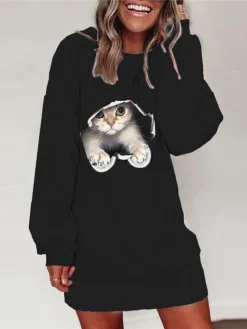 Women's Sweatshirt Dress T Shirt Dress Tee Dress Winter Dress Mini Dress Black White Long Sleeve Animal Print Fall Winter Round Neck Casual Fall Dress Loose Fit 2023 S M L XL XXL 3XL -HANs Plus Size Style Shop vvjwxu1662014638855