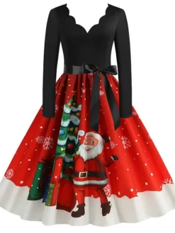 Women's Christmas Party Dress Knee Length Dress Purple Royal Blue Dark Blue Red Black Long Sleeve Elk Tree Bell Bow Print Fall Winter V Neck Vintage Elegant Party 2022 -HANs Plus Size Style Shop vvlbdc1632996775724