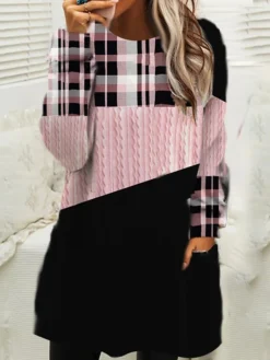 Women‘s Christmas Sweatshirt Dress Shift Dress Mini Dress Blue Pink Fuchsia Long Sleeve Plaid Pocket Winter Fall Autumn Crew Neck Loose Fit 2022 S M L XL XXL 3XL -HANs Plus Size Style Shop vvxywj1667287120361
