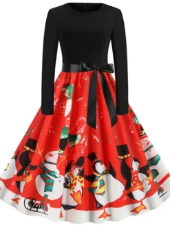 Women's Christmas Knee Length Dress Blue Purple Wine Gray Green Black Red Light Blue Long Sleeve Print Bow Print Fall Winter Round Neck Casual Vintage2021 S M L XL XXL -HANs Plus Size Style Shop vwfoyr1629971945475