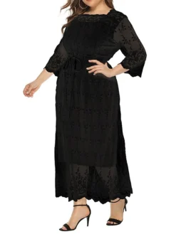 Women‘s Plus Size Curve Prom Dress Party Dress Lace Dress Long Dress Maxi Dress Black 3/4 Length Sleeve Pure Color Lace Summer Spring Fall Square Neck Fashion Winter Dress Birthday Evening -HANs Plus Size Style Shop vwgubc1691399450600