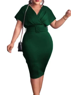 Women‘s Plus Size Curve Easter Dress Work Dress Solid Color V Neck Short Sleeve Spring Dress Fall Work Formal Knee Length Dress Date Vacation Dress -HANs Plus Size Style Shop vwmazp1661334436229