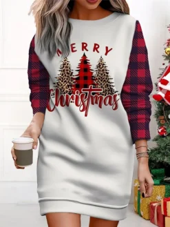 Women's Christmas Casual Dress Sweatshirt Dress Mini Dress Warm Fashion Outdoor Vacation Crew Neck Print Geometric Christmas Tree Christmas Hat Loose Fit ArmyGreen Black Wine S M L XL XXL -HANs Plus Size Style Shop vwmqlo1695365594193